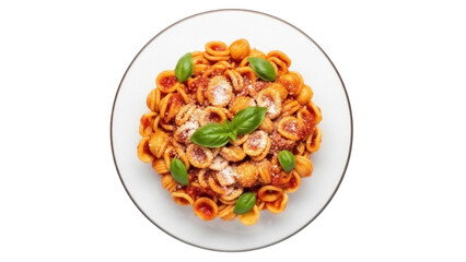 Orecchiette pasta with tomato sauce and basil isolated on transparent PNG, traditional Italian cuisine dish with parmesan cheese