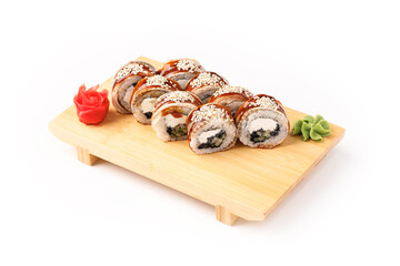 Delightful sushi rolls presented on a wooden serving board