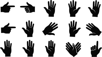 Collection of black hand silhouette icons showing various gestures, pointing fingers and open palms set, isolated vector illustration for communication and human interaction design