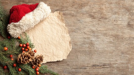 Holiday decorations with Santa hat and blank paper on wooden table