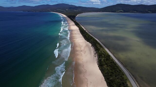Aerial Shot Of Simpsons Bay, Neck Beach, Bruny Island, Tasmania, Australia
