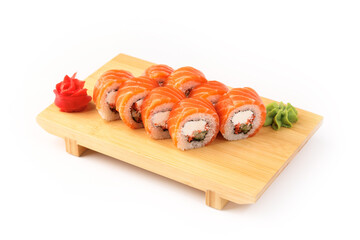Fresh sushi rolls presented on a wooden platter with vibrant colors