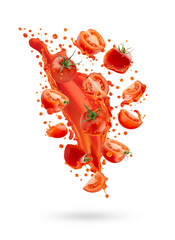 Fresh tomato juice with fleshy cut red tomato slices in dynamic splashes soar as flow, isolated. Great for summer detox menu, vitamin product promotion, antioxidant beverage, vegetable juice label.
