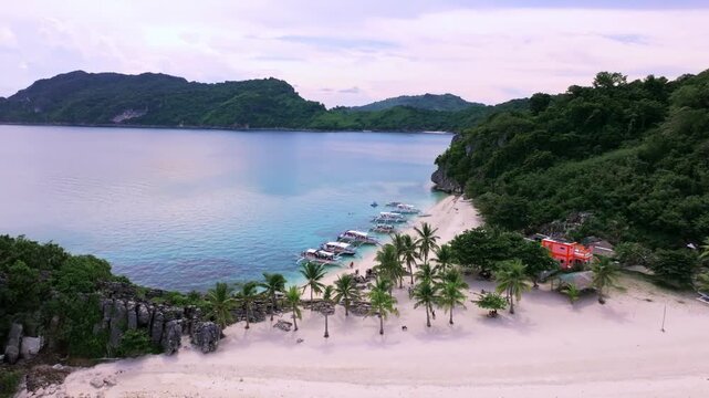 Aerial view of boats lining the shore of a beach with white sand and palm trees contrasting with the turquoise water, Carles, Western Visayas, Philippines.