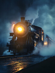 A steam locomotive at dusk, its yellow headlights shining