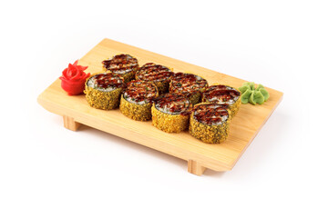 Delicious sushi rolls served on a wooden platter