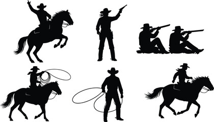Collection of cowboy and cowgirl silhouettes in western wear and hats, isolated vector set showing men and women riding horses, standing with lassos, and shooting rifles for wild west 