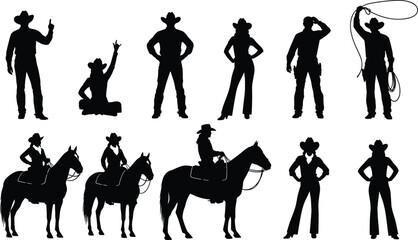 Obraz premium Collection of cowboy and cowgirl silhouettes in hats and western wear, isolated vector set showing men and women posing, standing, and riding horses for rodeo and ranch concepts.