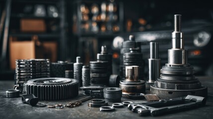 Naklejka premium Industrial machine parts and metal components arranged on a workbench in a workshop