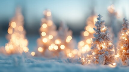 Winter scene with small trees decorated with lights in the snow at dusk