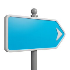 Blank blue directional road sign pointing right on a gray post isolated on a transparent background