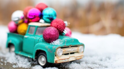Colorful ornaments in a toy truck on winter snow
