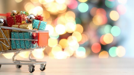 Holiday shopping cart filled with gifts near colorful lights
