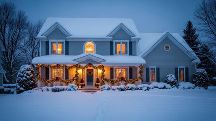 Beautiful two-story house, adorned with glowing Christmas lights and festive garlands, stands completely covered in fresh white snow during a peaceful winter evening.