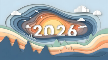 Circular Layered Paper Cut 2026 New Year Rising Sun Concept