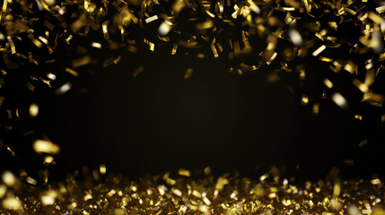 Golden confetti falling and scattered on black background creating festive and joyful atmosphere for celebration and party events