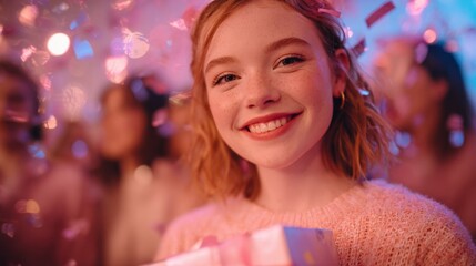 Girl smiles while holding a gift at a festive celebration with confetti