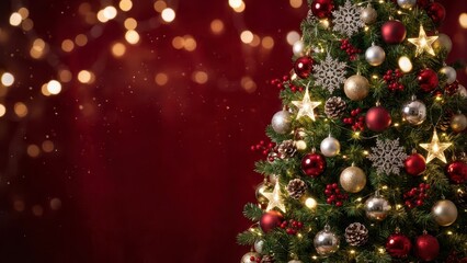 Elegant Christmas tree adorned with ornaments, snowflakes, and twinkling lights against a festive blurred background