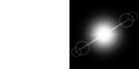Bright white lens flare effect with circular artifacts on a split black and transparent background