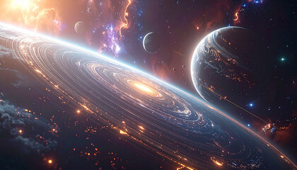 Obraz premium Cosmic Marvel: Gaze upon a breathtaking cosmic vista, where galaxies swirl amidst a nebula of color, planets are cradled in glowing rings, and celestial bodies dance in the expansive blackness.