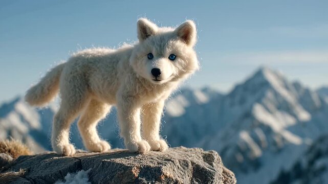 Majestic White Wolf Pup Stands Guard on Rocky Mountain Peak.