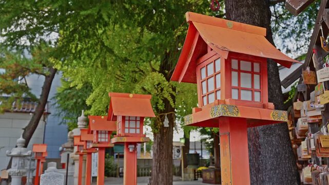 A peaceful, side-view shot of a row of orange-red Japanese lanterns mounted on posts, leading toward the shrine building.