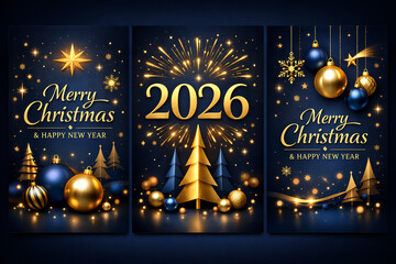 Happy New Year 2026 and Merry Christmas blue dark and gold social media backgrounds with fireworks - Templates for square, portrait posts and etc.