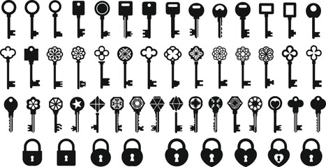 Large collection of black key silhouettes and padlocks, vintage and modern skeleton keys isolated vector set for security, access and antique design concepts © Dilip