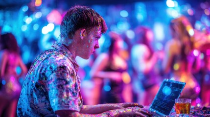 Party scene with person using laptop at night club with colorful lights
