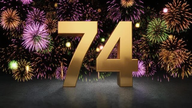 Gold number 74 with fireworks in the background. Festive scene for birthday or anniversary party