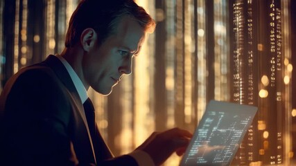 Businessman analyzing financial data during nighttime in a modern office environment, financial data processing over caucasian businessman in office - Powered by Adobe
