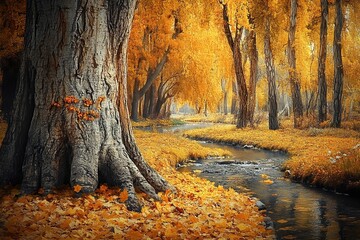 Serene autumn landscape with a large tree beside a stream, surrounded by vibrant yellow foliage and fallen leaves.