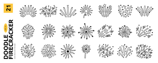 Doodle Сonfetti Firecracker Kit. Hand Drawn Celebrate Firework Element Bundle in white background. Line Vector Illustration