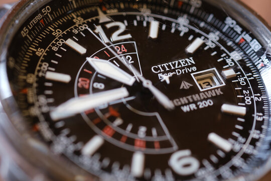 A close-up view of a famous CITIZEN watch with a solar-powered Eco-Drive movement. Charm and intelligence, beauty and perfection, December 2025