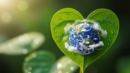 Heart-shaped green leaf with Earth inside, symbolizing love for the planet on Earth Day