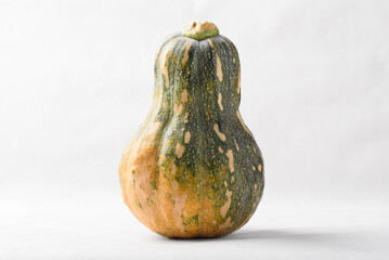 Ripe, yellow-green butternut squash after autumn harvest from an organic farm, on a white background. A healthy cooking ingredient