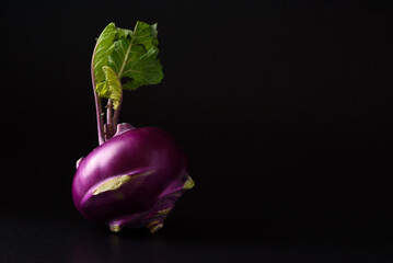 Ripe purple kohlrabi, freshly harvested from an organic farm, placed on a black background, is a healthy ingredient for cooking