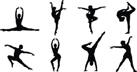 Set of black ballet and modern dancer silhouettes in various graceful poses, isolated vector illustration of gymnasts and performers for dance and art