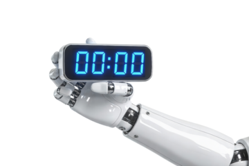Robotic hand holding a digital timer reading zero on transparent background, clean png clipart for countdowns, deadlines, productivity apps, time management tools and tech interfaces.