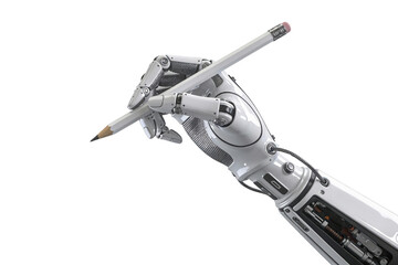 Robotic hand writing with a pencil on transparent background, detailed png clipart for content creation, education, notes, planning, editing workflows and creative tech interfaces.