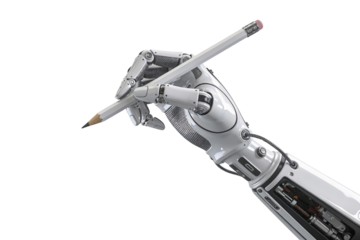 Robotic hand writing with a pencil on transparent background, detailed png clipart for content creation, education, notes, planning, editing workflows and creative tech interfaces.