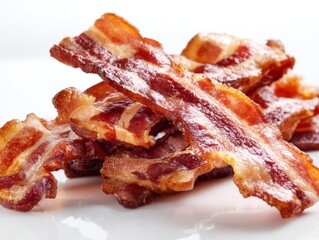 Obraz premium Delightful pieces of fried bacon rest on a spotless surface, their golden-brown edges glistening in the light. The aroma promises a savory experience, revealing a culinary treat