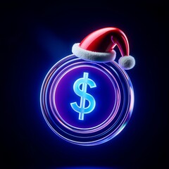Futuristic neon dollar coin with santa hat