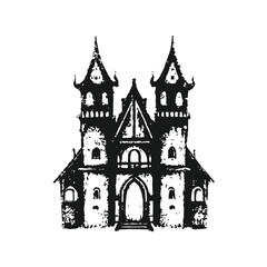 Obraz premium Black and white gothic castle illustration, medieval tower vintage grunge horror style vector art