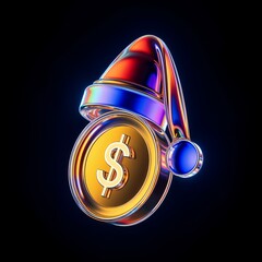 Futuristic neon dollar coin with santa hat