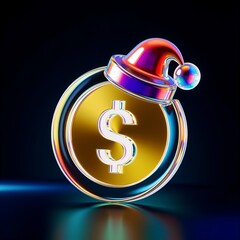 Futuristic neon dollar coin with santa hat