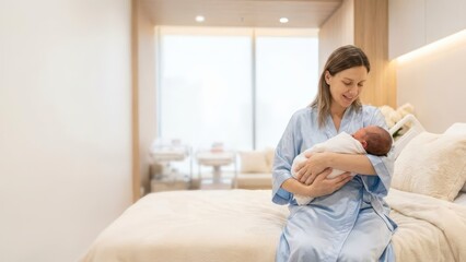 Fototapeta premium Mother in Blue Robe Cradles Newborn Baby in Modern Nursery with Soft Lighting and Cozy Atmosphere