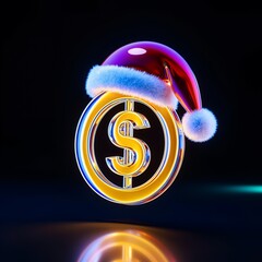 Futuristic neon dollar coin with santa hat