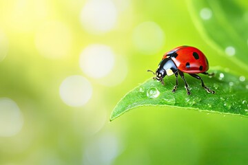 A vibrant red ladybug with black spots is perched on a dew-kissed green leaf, surrounded by a soft green background with bokeh light effects.