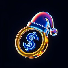 Futuristic neon dollar coin with santa hat